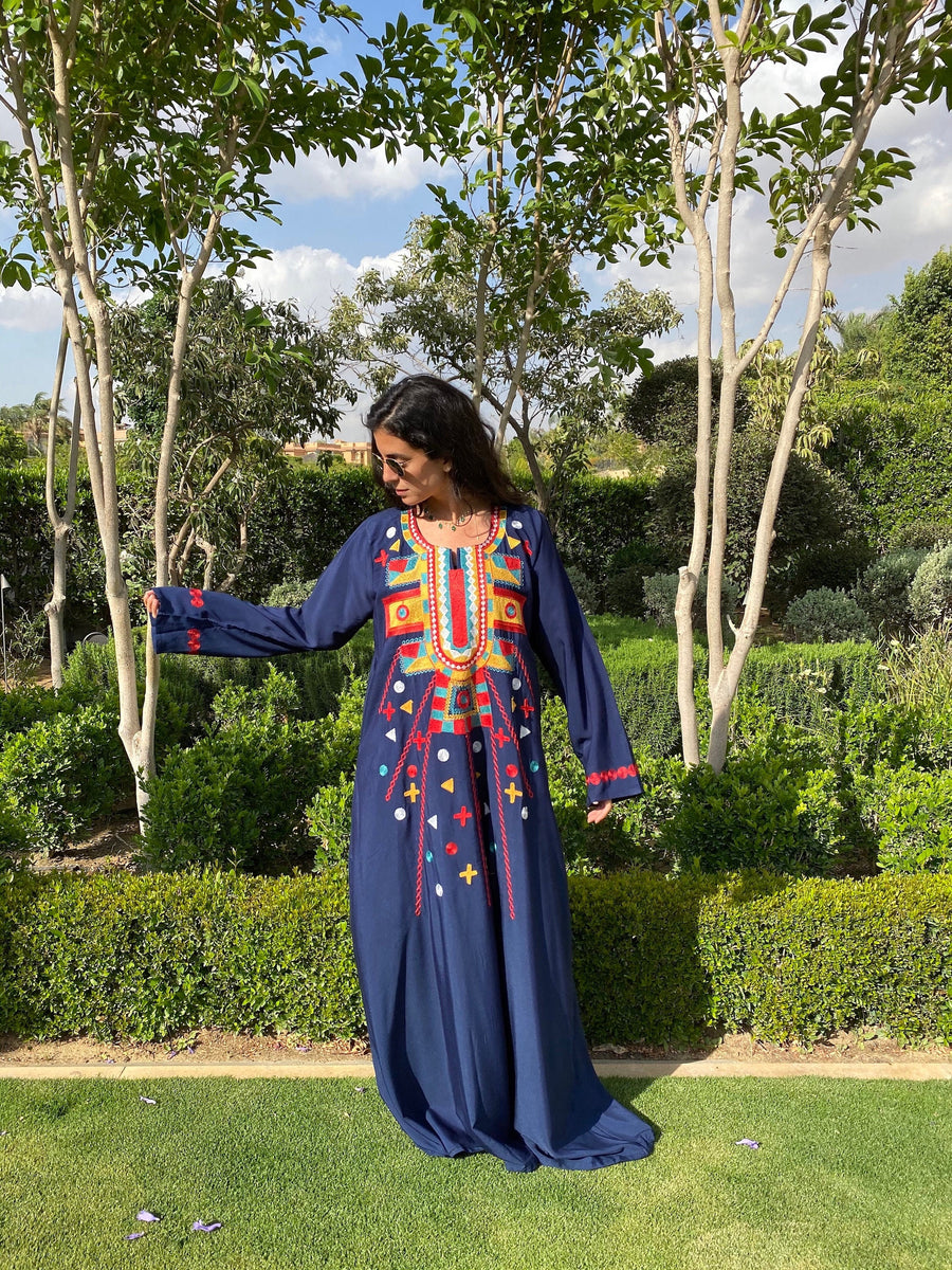 Siwa Long sleeve Navy Blue Multicolor embroidered Caftan, Spring Cotton Caftan, caftans for women, Caftans, Embroidered kaftan, caftans