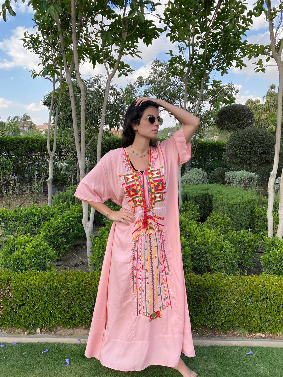 Siwa Pink Multicolor embroidered Kaftan dress, Cotton Kaftan, caftans for women, Summer Kaftan, Embroidered kaftan, caftans, Egyptian