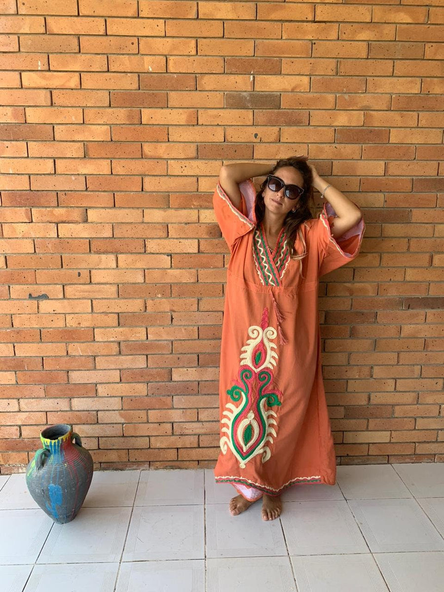 Orange Plus size kaftan dress, cotton Kaftan dress, Unique embroidered kaftan, women kaftans, caftans for women, caftans, summer kaftans