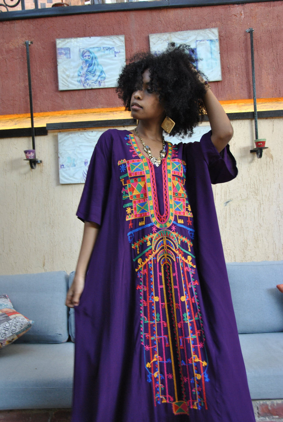 Purple Siwa Multicolor embroidered Kaftan dress, Cotton Kaftan, caftans for women, Summer Kaftan, Embroidered kaftan, caftans, Egyptian