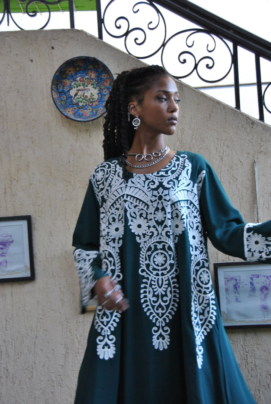 Plus size Green Fall/Winter Kaftan, Long sleeve house dress, Plus size Moroccan Kaftan, embroidered cotton caftan, Long sleeve Caftan