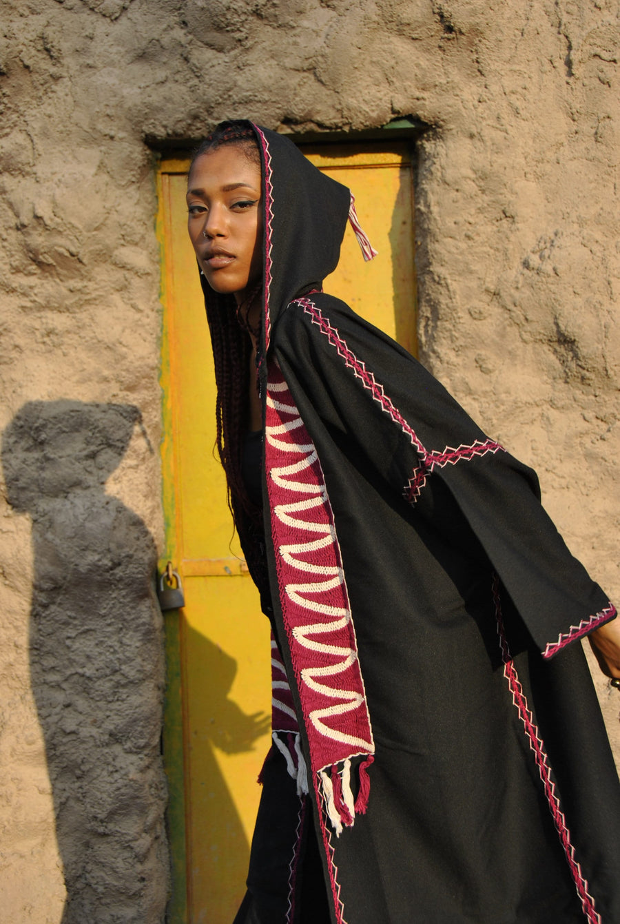 Bedouin hooded hand embroidered Kimono, Black Winter embroidered coat, Bohemian winter Kimono, Long black coat, Siwa Kimono, Wool cloak