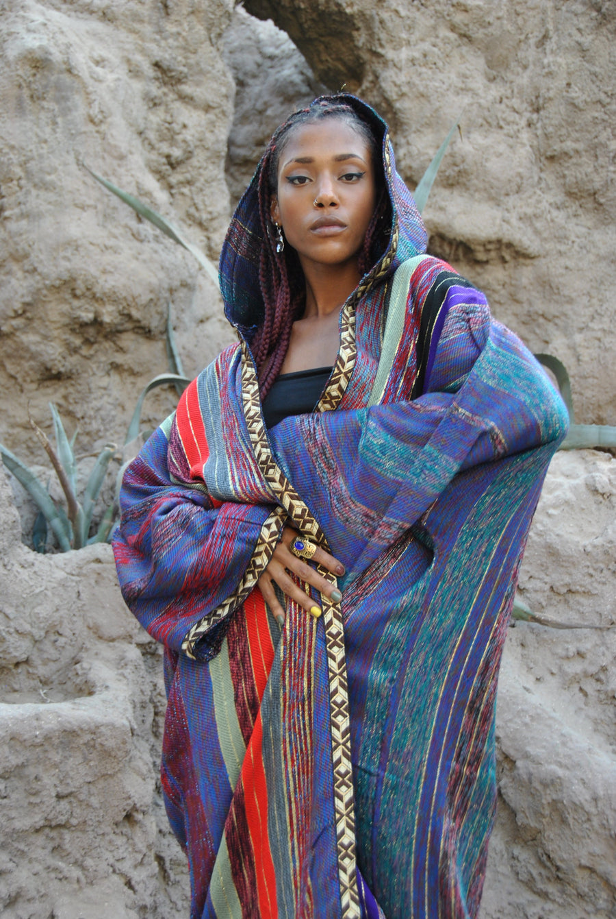 Luxe hand loomed hooded Kimono, Tribal wool Kimono, Plus size Egyptian –  Gipci