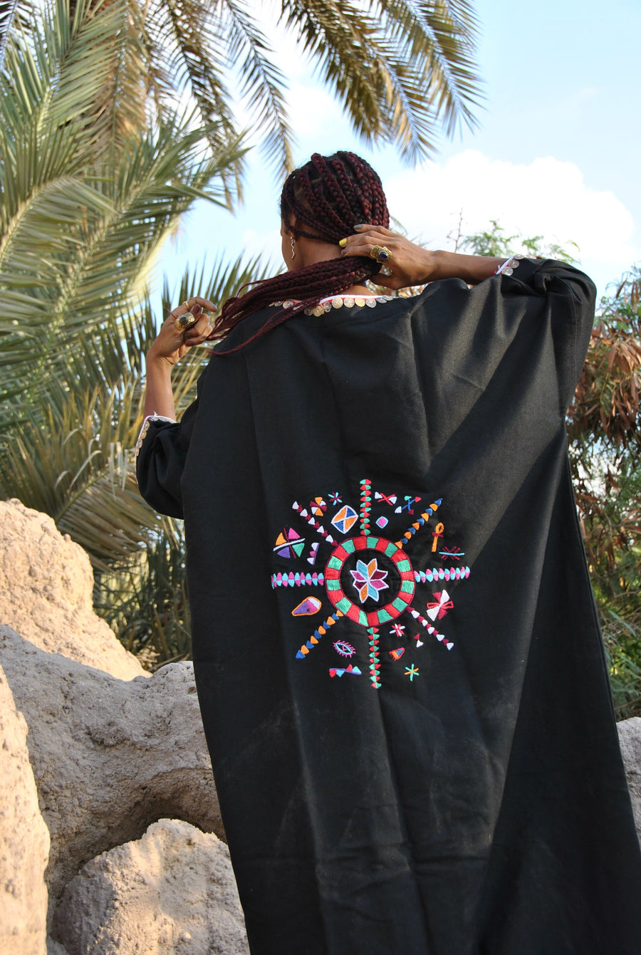 Bedouin Siwa hand embroidered wool Kimono, Black Winter Jacket, Boho winter coat, Long black coat, Siwa Kimono, Oversized wool coat