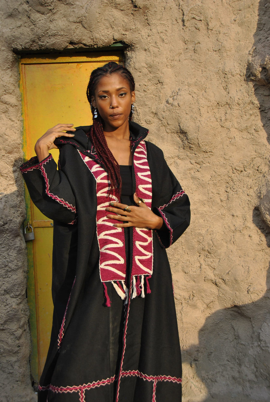 Bedouin hooded hand embroidered Kimono, Black Winter embroidered coat, Bohemian winter Kimono, Long black coat, Siwa Kimono, Wool cloak