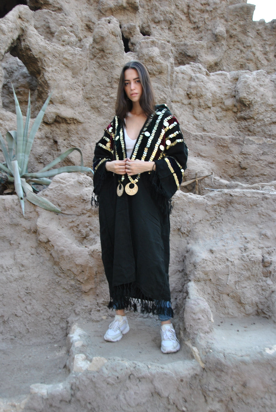 Bedouin Egyptian hand loomed Winter Kimono, Wool jacket, hand stitched coins, hooded jacket, Wool Gypsy Jacket, Abaya, Abayas for women