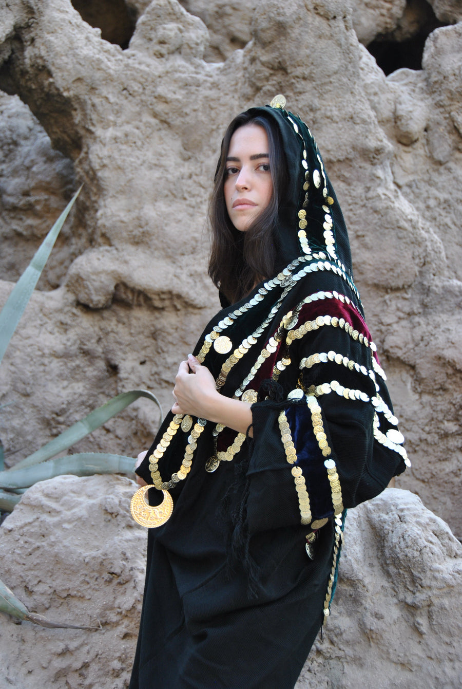 Bedouin Egyptian hand loomed Winter Kimono, Wool jacket, hand stitched coins, hooded jacket, Wool Gypsy Jacket, Abaya, Abayas for women