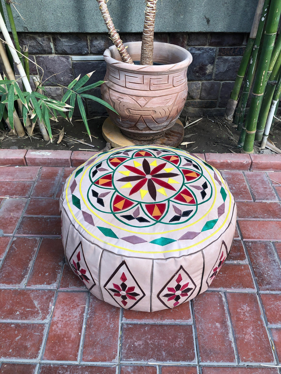 Beige leather Moroccan Pouf, Moroccan Poufs, Leather poufs, Moroccan leather Pouf, Oriental Pouf, Bohemian Pouf, gift for her, colorful pouf