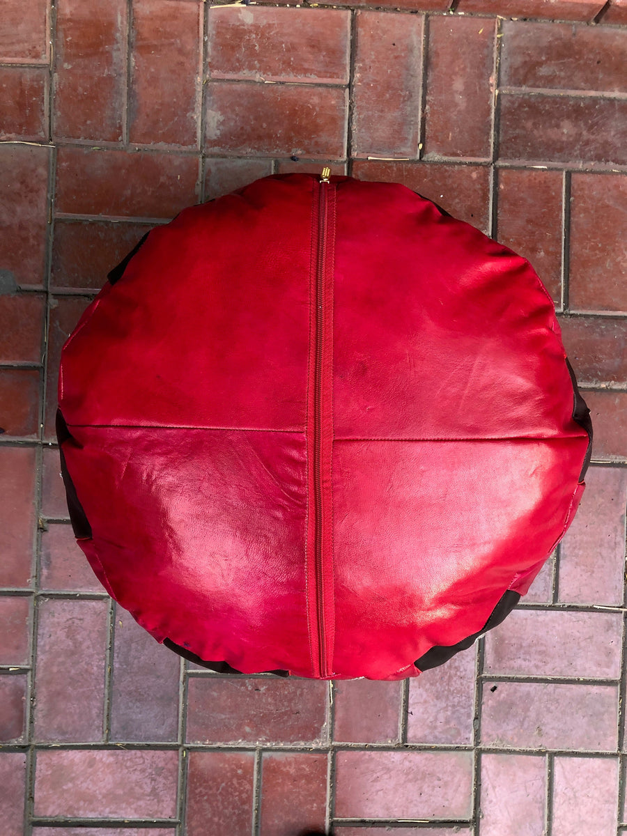 Handmade leather Moroccan pouf, Red/brown Leather Pouf, 30cm x 50cm pouf, Moroccan Pouf, Round Leather Pouf, Orange poufs, gift for her