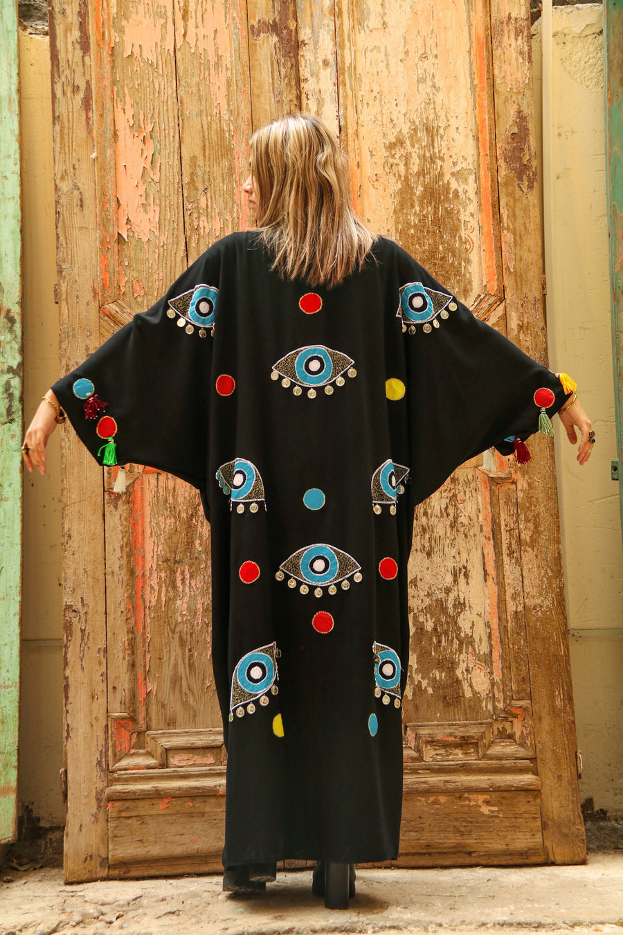 Evil eye Embroidered cardigan with tassels, Boho black Kimono Cardigan, Womens Cardigans, Boho Cardigan, Duster, Black Cardigan, Kimonos