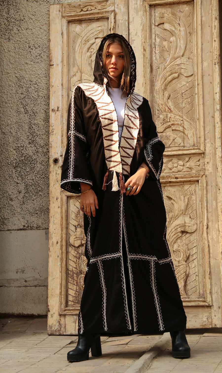 Bedouin hooded hand embroidered Kimono, Black Cotton embroidered coat, Bohemian winter Kimono, Long black coat, Siwa Kimono, Wool cloak