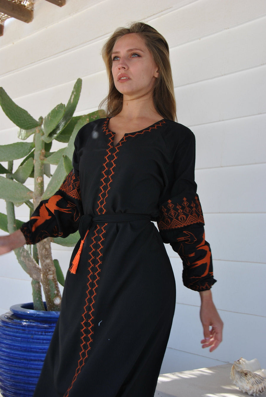 Black Cotton Caftan with belt, Orange embroidery, caftans for women, embroidered Caftan dress, Caftan maxi dress, Caftans for women, Caftans