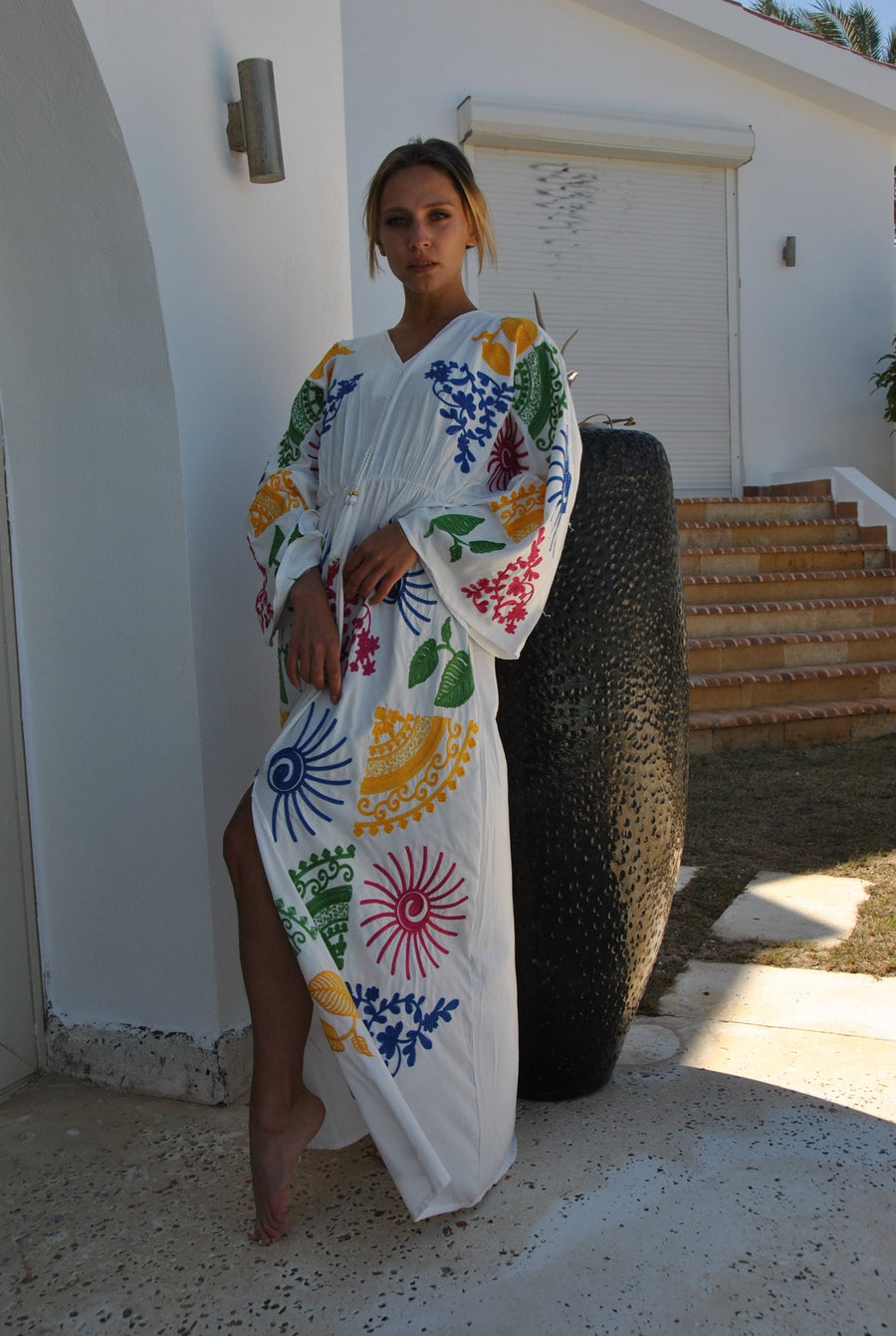 Colorful white embroidered ocean caftan, Cotton caftan dress, African women clothing, Boho maxi dress, Bohemian maxi dress, Boho caftan