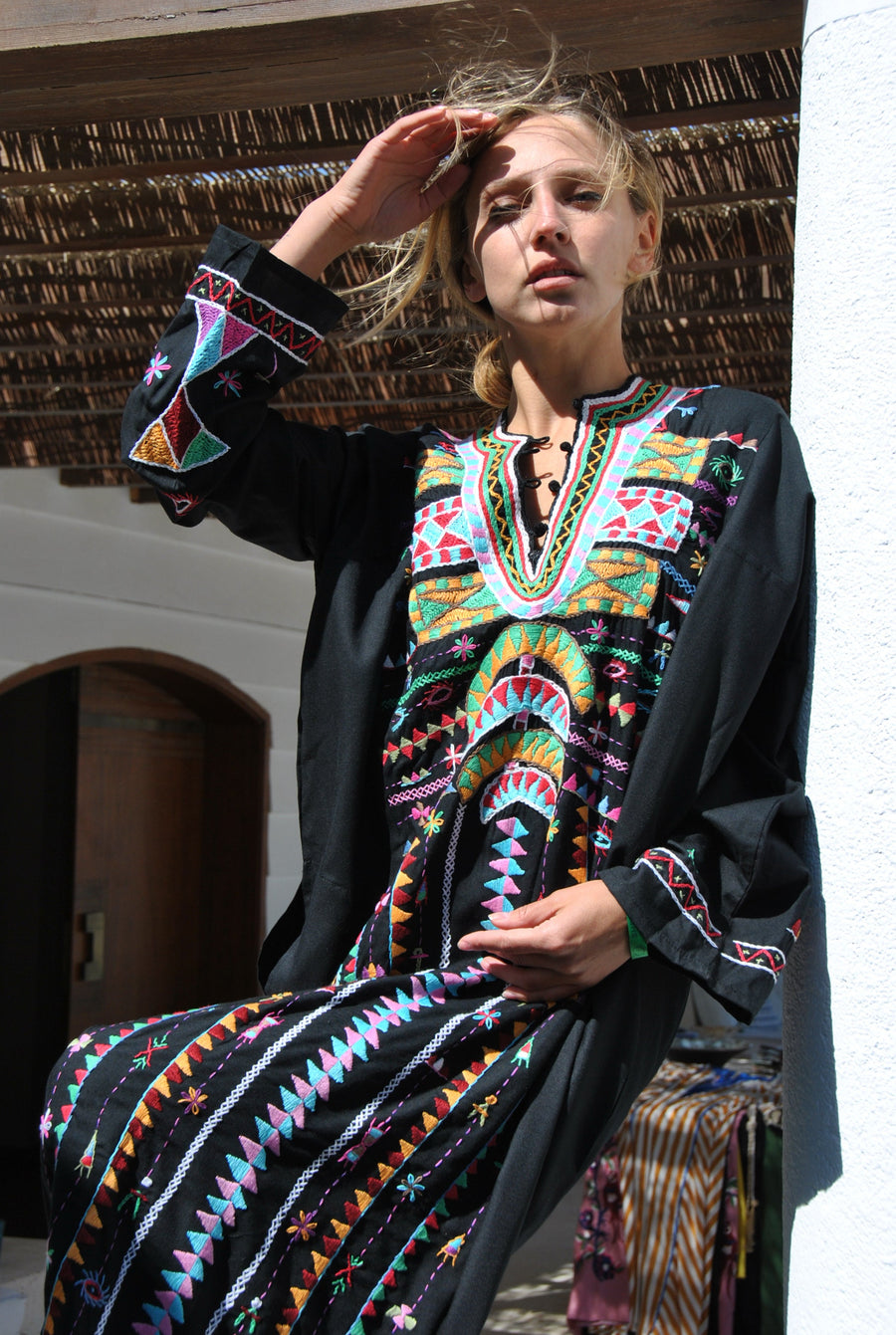 Black hand embroidered Siwa Kaftan, hand embroidered cotton caftan, caftans for women, women's kaftans, embroidered kaftan, boho kaftans