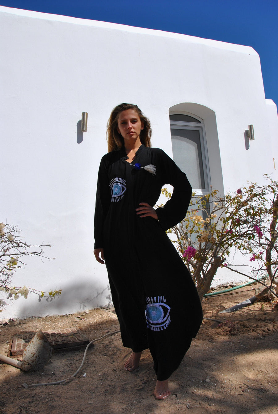 Black eye of horus caftan, embroidered Cotton caftan dress, African women clothing, Boho caftan dress, caftans for women, Boho summer caftan