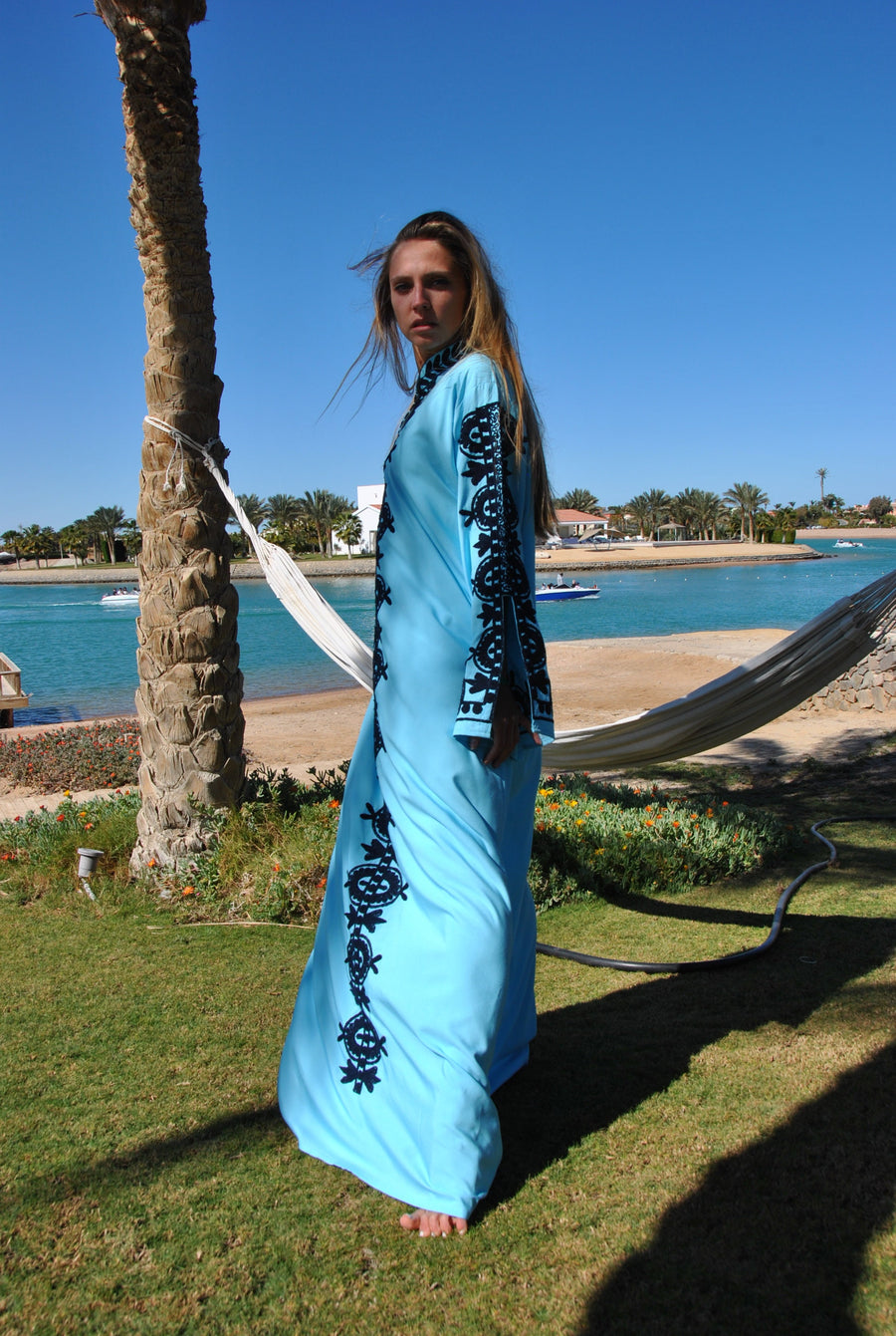 Elegant Turquoise embroidered kaftan dress, Cotton caftan dress, Long sleeve caftan, Chic embroidered caftan, High quality Egyptian cotton
