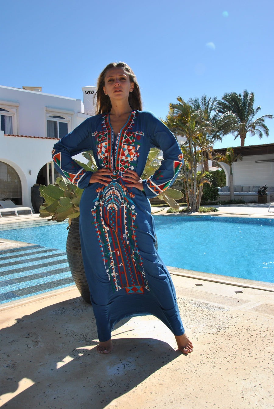Siwa Blue embroidered cotton Caftan with pocket, embroidered caftan dress, Caftan dress, Caftan maxi dress, Caftans for women, Caftans