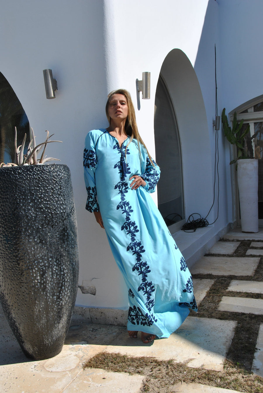 Turquoise embroidered cotton Caftan, caftans for women, Kaftan maxi, embroidered Caftan dress, Caftan maxi dress, Caftans for women, Caftans