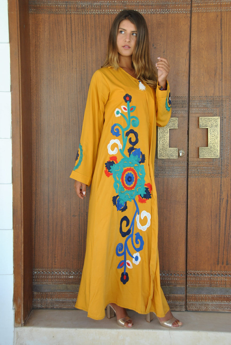 Mustard yellow flower embroidered Caftan, summer caftan, Caftans for women, embroidered Caftan dress, Caftan maxi dress, Cotton Caftans