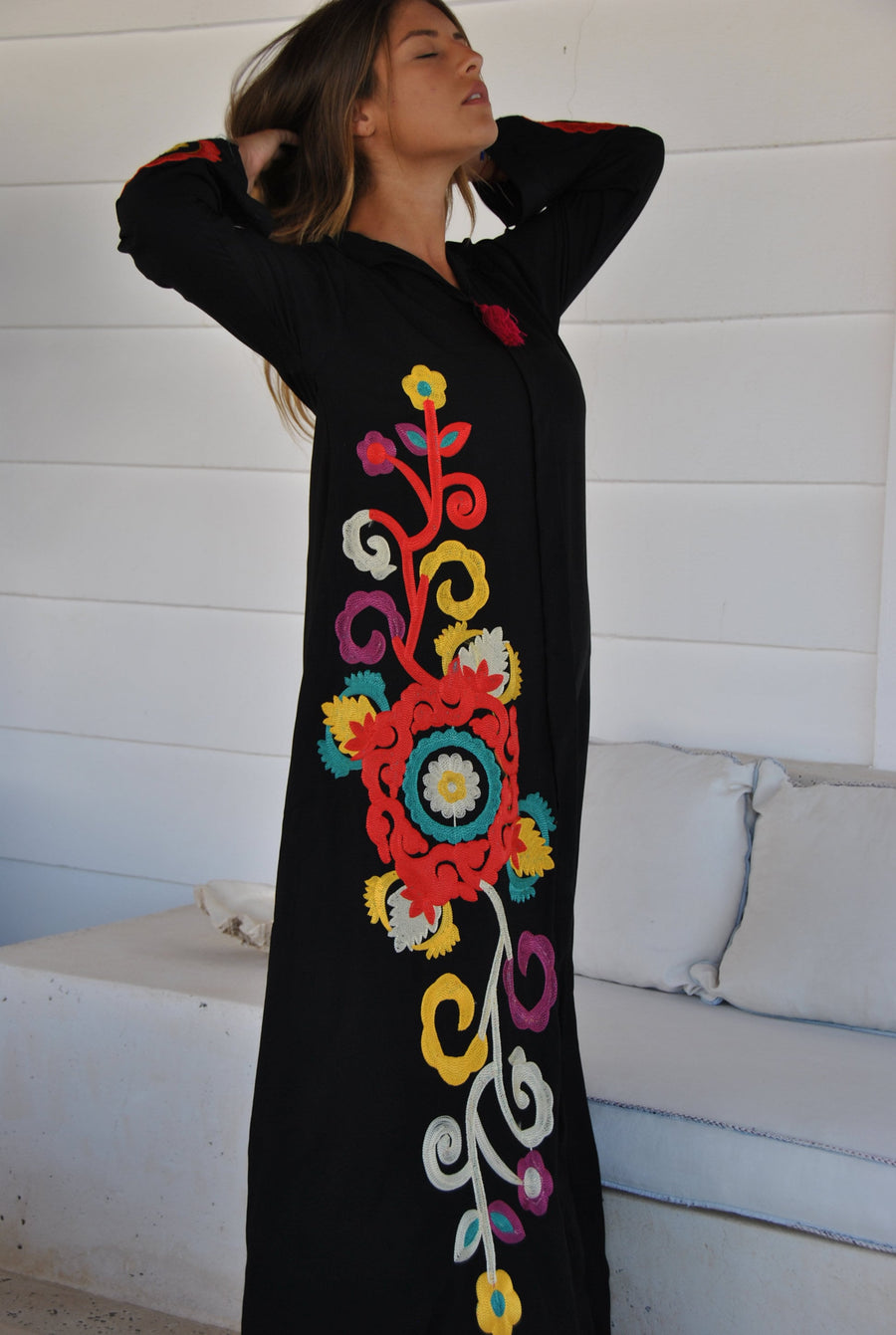 Black flower embroidered Caftan with tassels, summer caftan, Caftans for women, embroidered Caftan dress, Caftan maxi dress