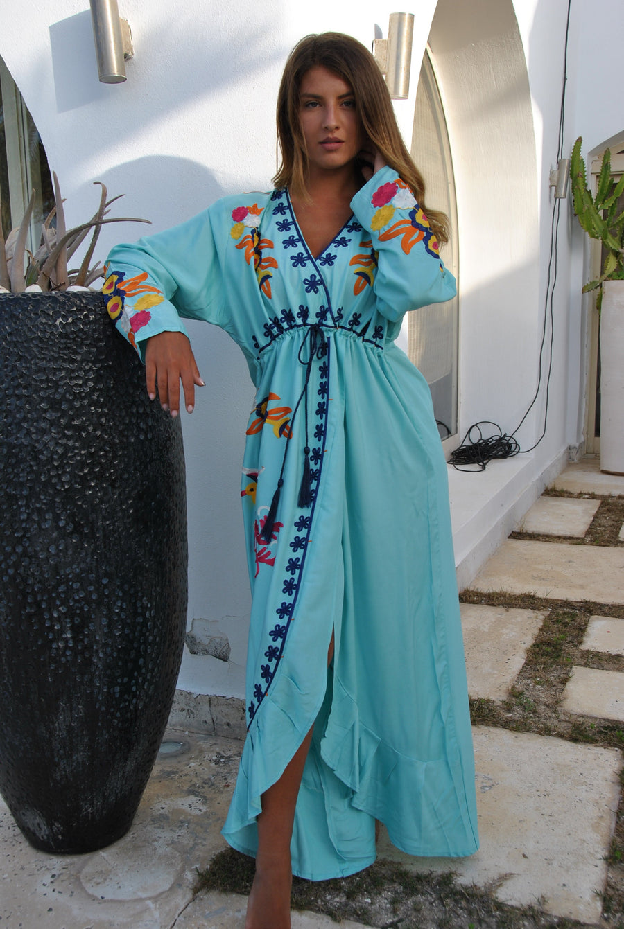 Turquoise birds embroidered caftan, Open slit Cotton caftan dress, African women clothing, Bohemian maxi dress, Boho summer caftan, kaftans