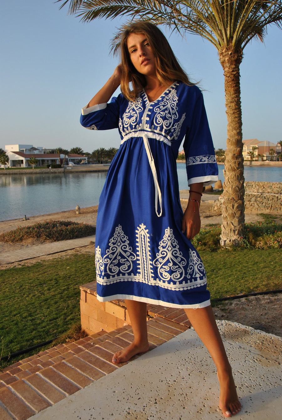 Blue Tunic embroidered kaftan, Bohemian embroidery tunic dress, embroidered tunic kaftan, Egyptian cotton. Summer, party, casual, home dress