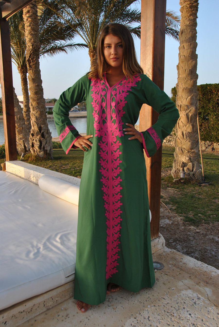 Green Autumn / Winter Bohemian Maxi kaftan dress, Long sleeve caftan, Chic embroidered caftan, High quality Egyptian cotton.