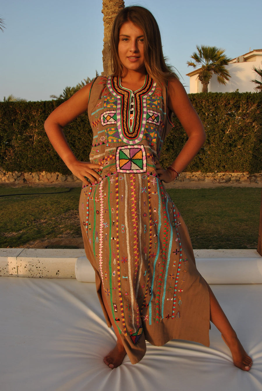 Brown siwa hand embroidered Kaftan dress, Egyptian cotton summer caftan, Resorts Caftan dress, colorful boho caftan, Cotton caftan dress