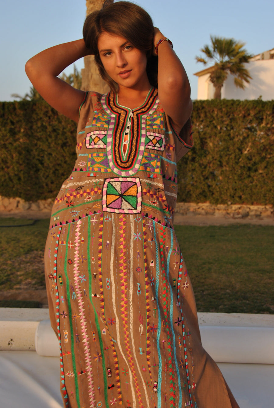 Brown siwa hand embroidered Kaftan dress, Egyptian cotton summer caftan, Resorts Caftan dress, colorful boho caftan, Cotton caftan dress