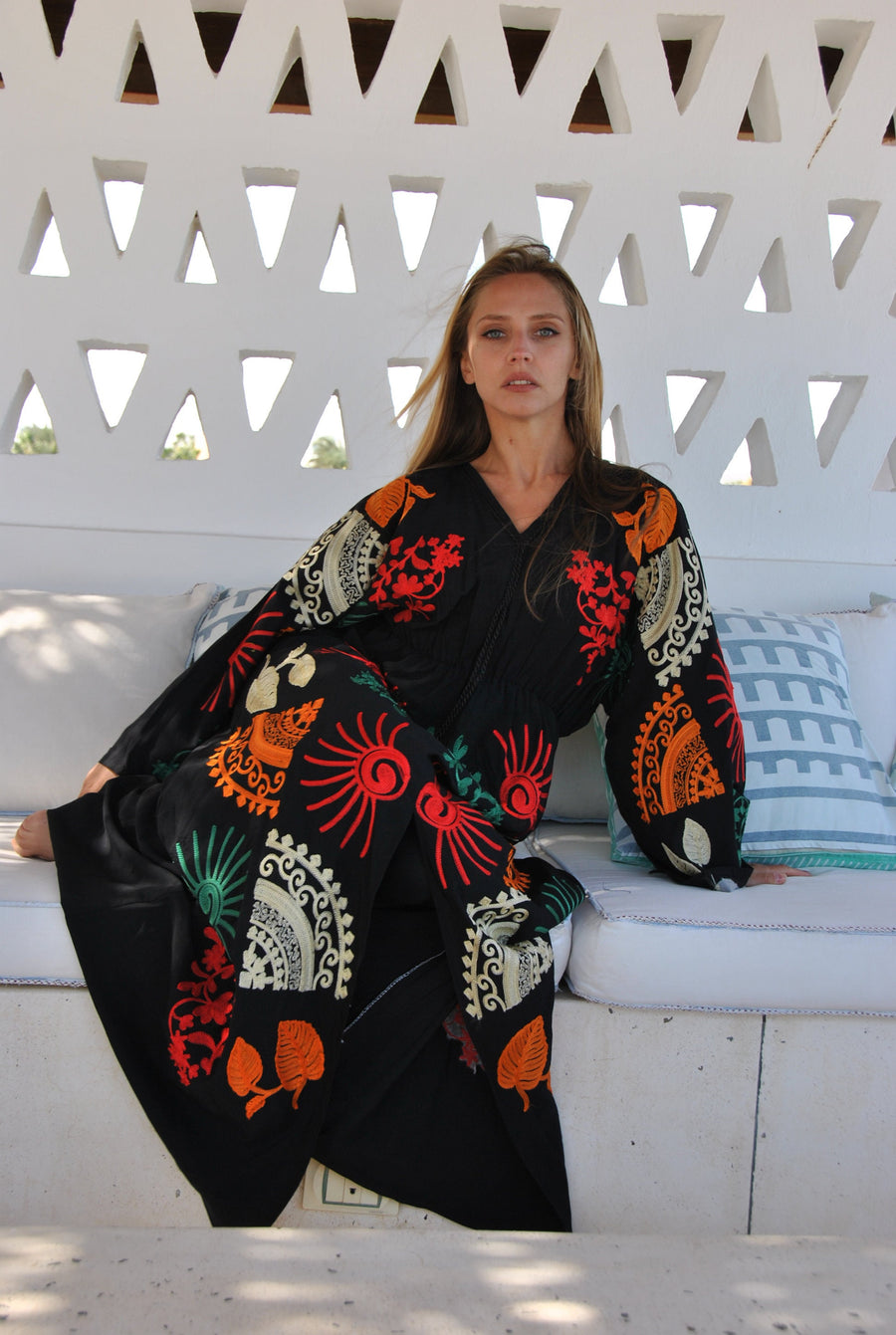 Colorful embroidered Black caftan, Cotton caftan dress, African women clothing, Boho maxi dress, Bohemian maxi dress, Boho summer caftan
