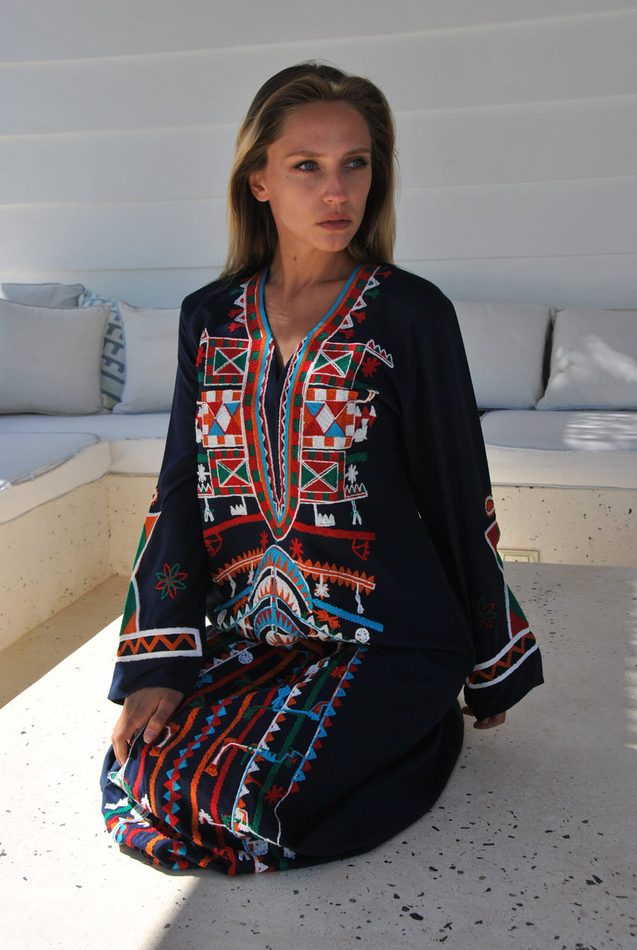 Siwa Navy Blue embroidered cotton Caftan with pocket, Kaftan maxi, embroidered Caftan dress, Caftan maxi dress, Caftans for women, Caftan