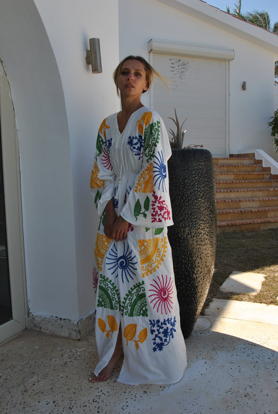 Colorful white embroidered ocean caftan, Cotton caftan dress, African women clothing, Boho maxi dress, Bohemian maxi dress, Boho caftan