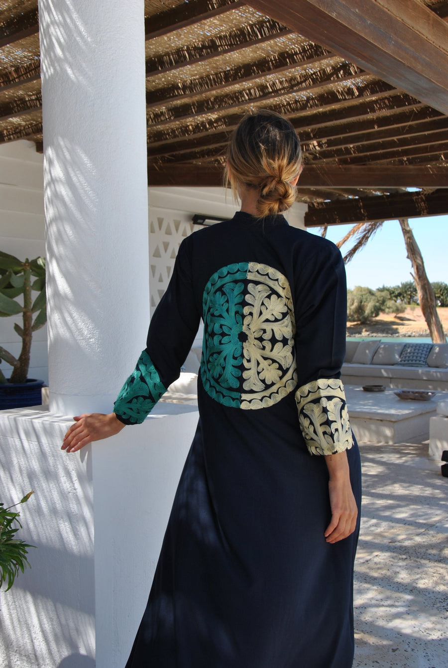 Bohemian embroidered navy blue caftan dress, Front and back embroidered Cotton caftan, Chic embroidered caftan, High quality Egyptian cotton