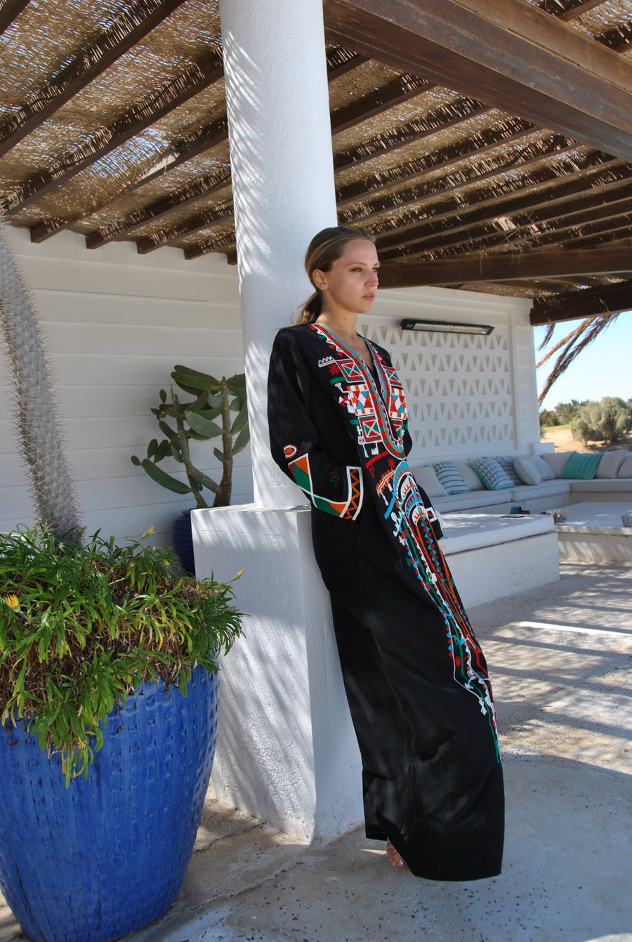 Siwa black embroidered cotton Caftan with pocket, embroidered caftan maxi dress, Caftan dress, Caftan maxi dress, Caftans for women, Caftans