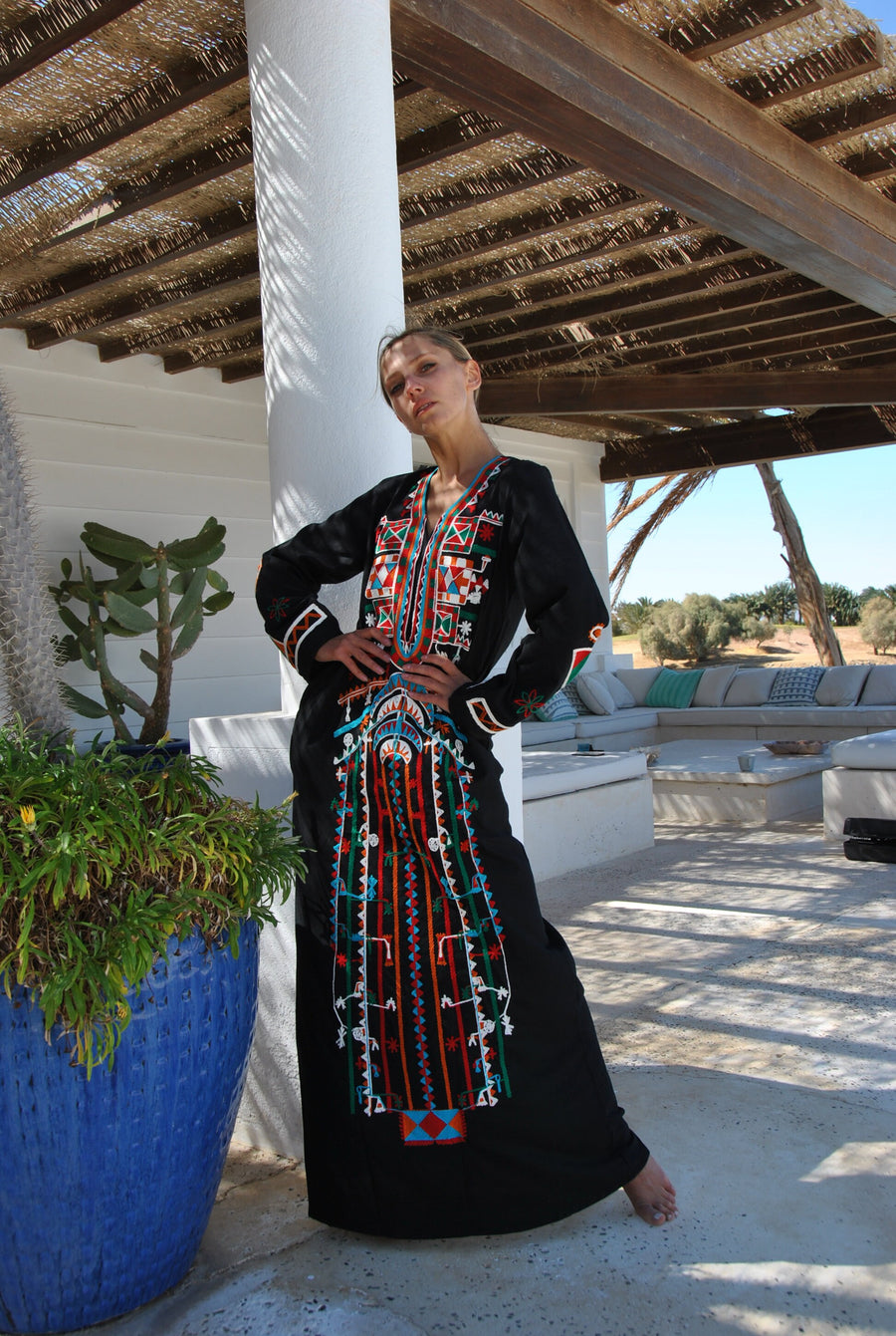 Siwa black embroidered cotton Caftan with pocket, embroidered caftan maxi dress, Caftan dress, Caftan maxi dress, Caftans for women, Caftans