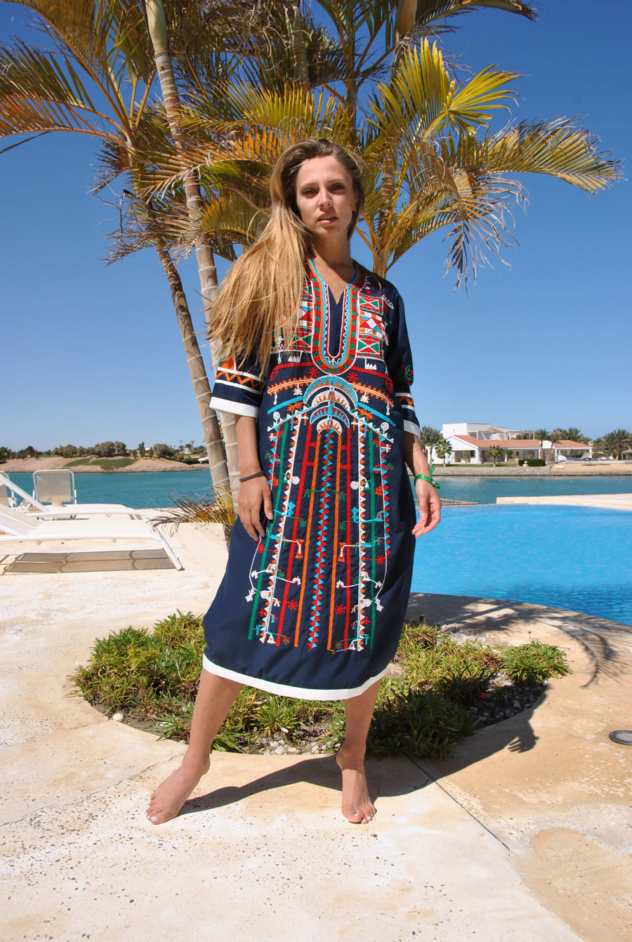 Siwa Navy blue Tunic embroidered kaftan, Bohemian embroidery tunic dress, Egyptian cotton, Resort caftan, Summer, party, casual, home dress