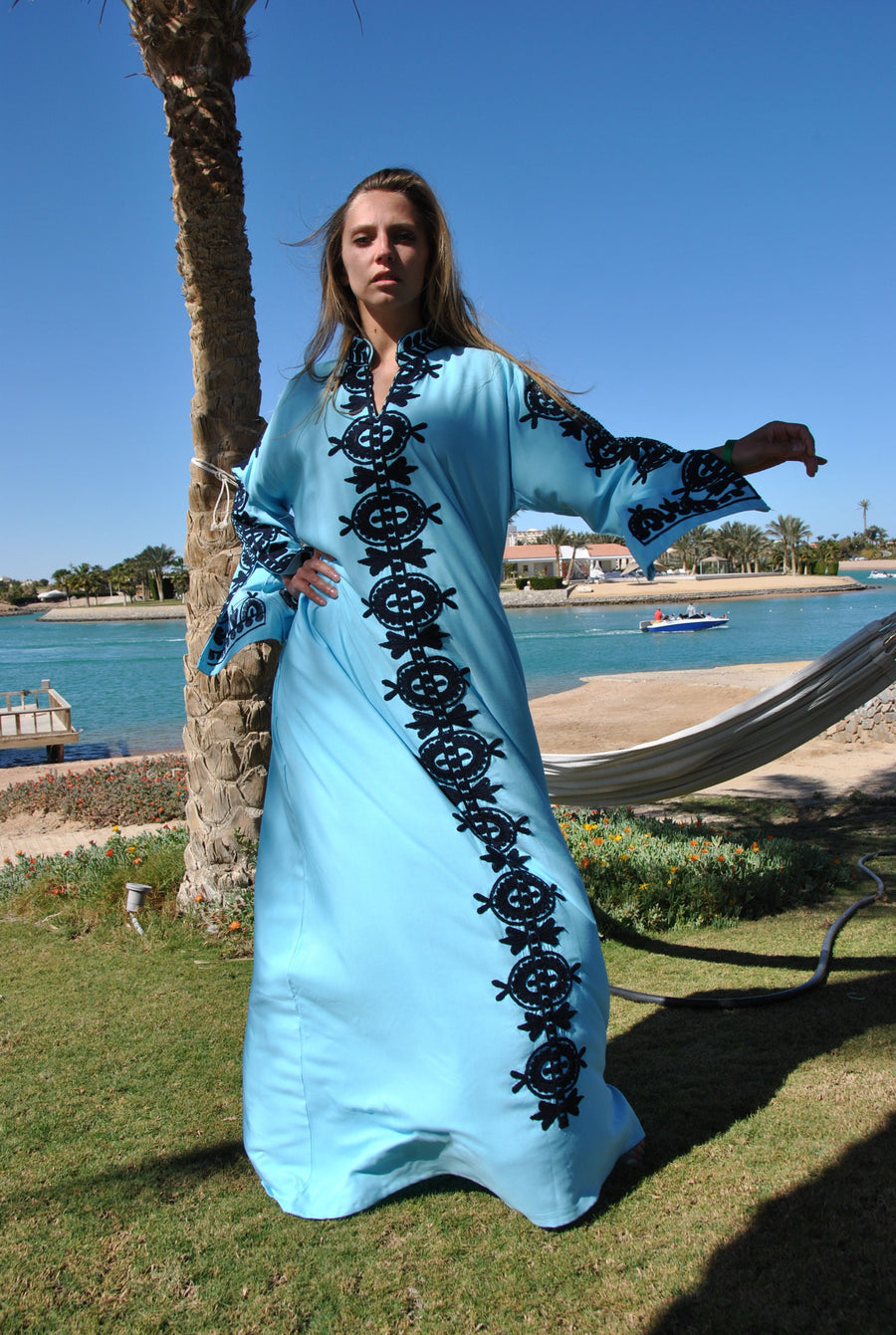 Elegant Turquoise embroidered kaftan dress, Cotton caftan dress, Long sleeve caftan, Chic embroidered caftan, High quality Egyptian cotton