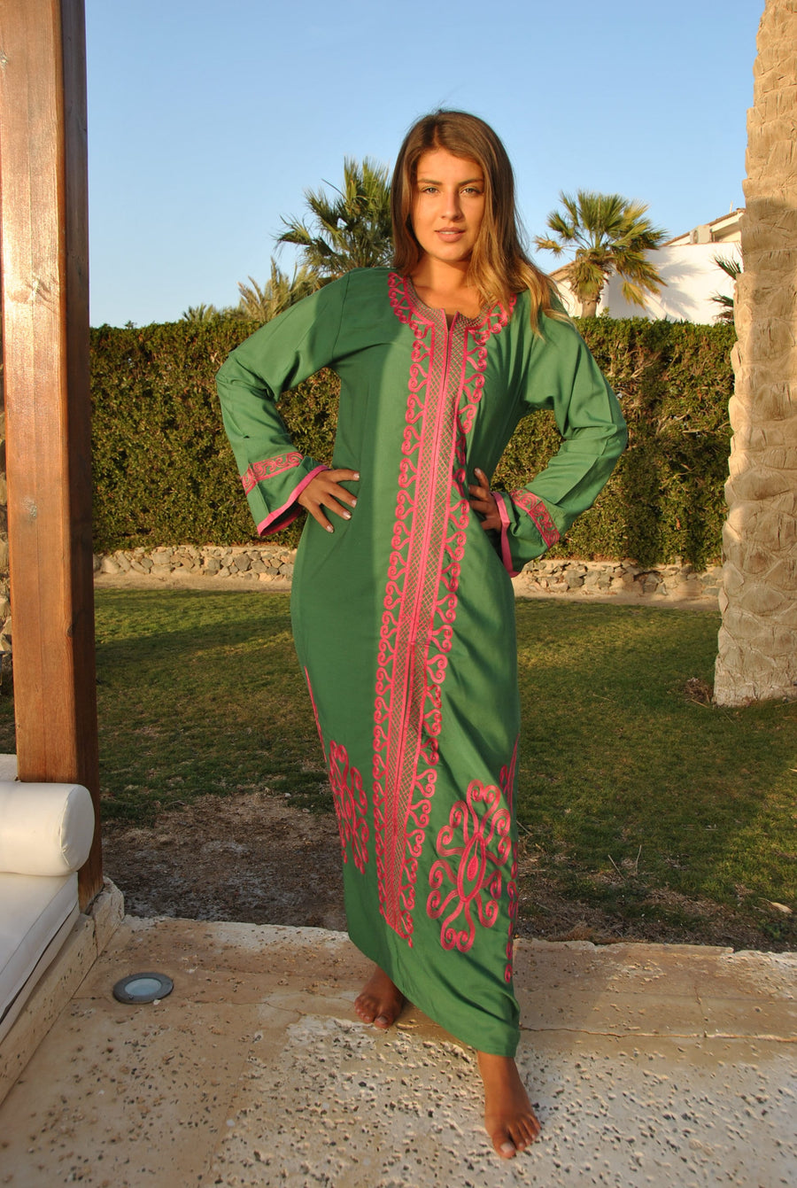 Winter Bohemian Maxi kaftan dress, Moroccan maxi caftan, Green embroidered caftan, Long sleeve maxi Kaftan, indoor wear maxi dress