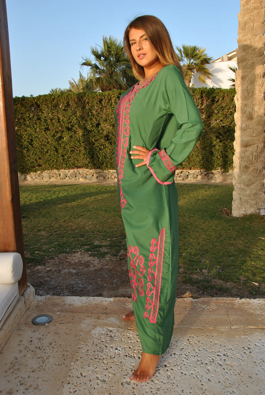 Winter Bohemian Maxi kaftan dress, Moroccan maxi caftan, Green embroidered caftan, Long sleeve maxi Kaftan, indoor wear maxi dress