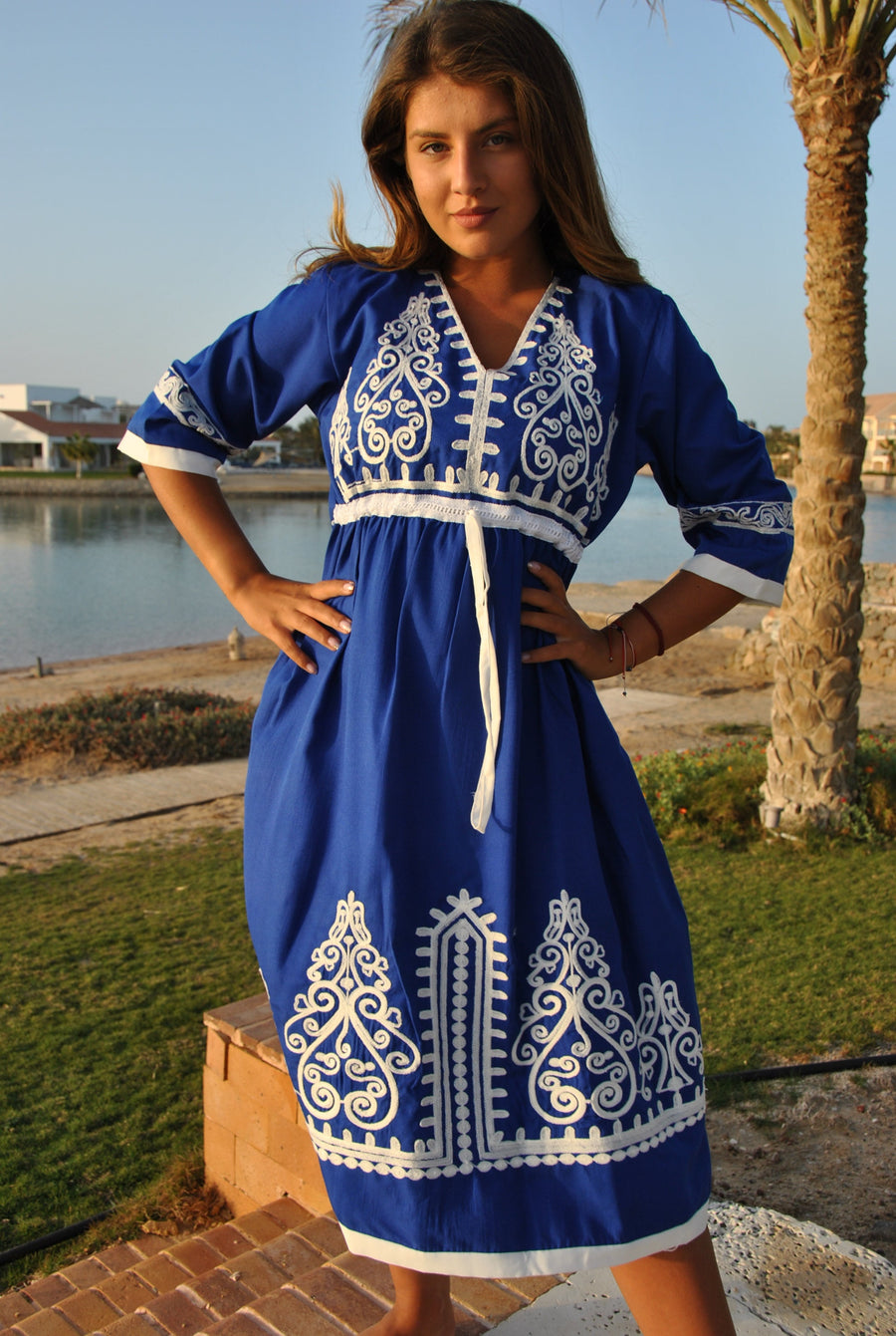 Blue Tunic embroidered kaftan, Bohemian embroidery tunic dress, embroidered tunic kaftan, Egyptian cotton. Summer, party, casual, home dress