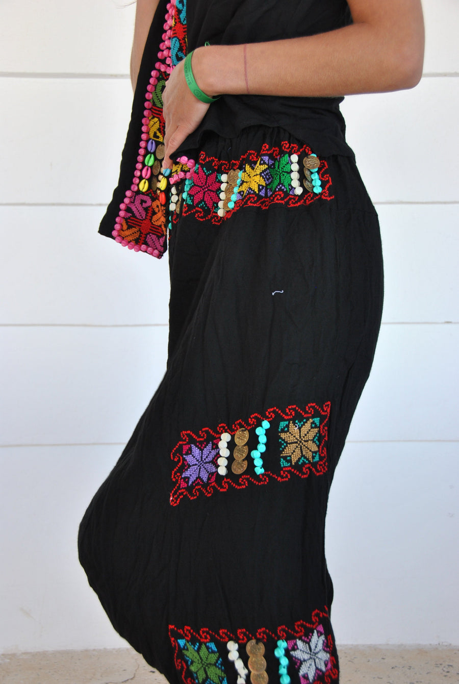 Set of vintage hand embroidered Harem pants and vest, Hippie Pants with shells and beads, Boho Pants, Boho vest, Boho Clothing