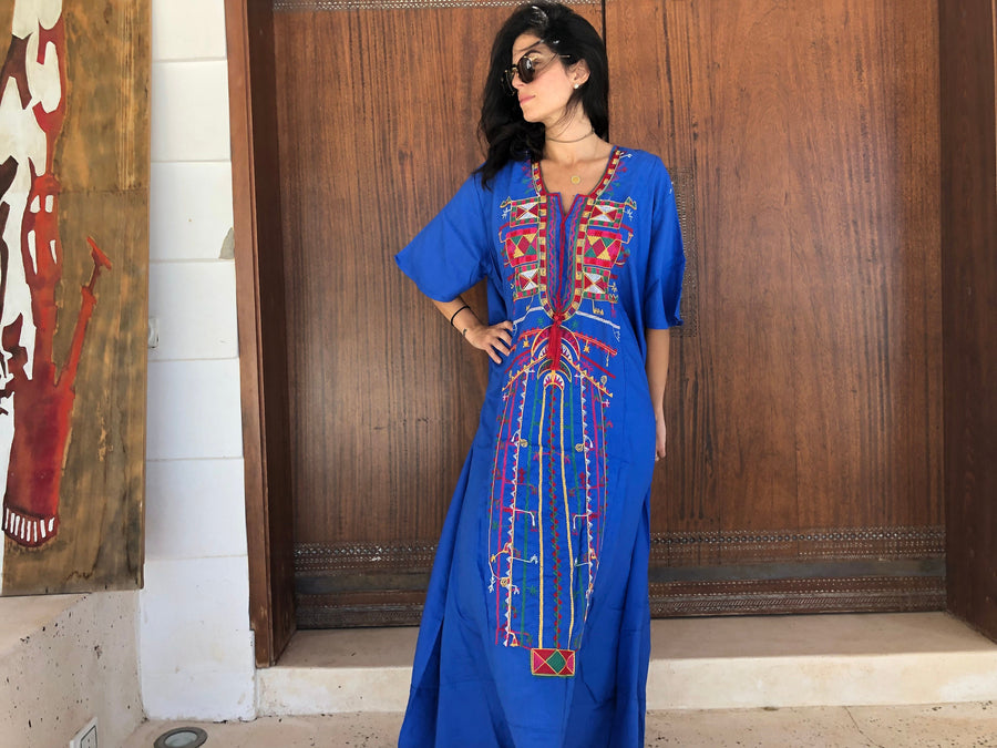 Siwa Blue Multicolor embroidered Kaftan dress, Cotton Kaftan, caftans for women, Summer Kaftan, Embroidered kaftan, caftans, Egyptian