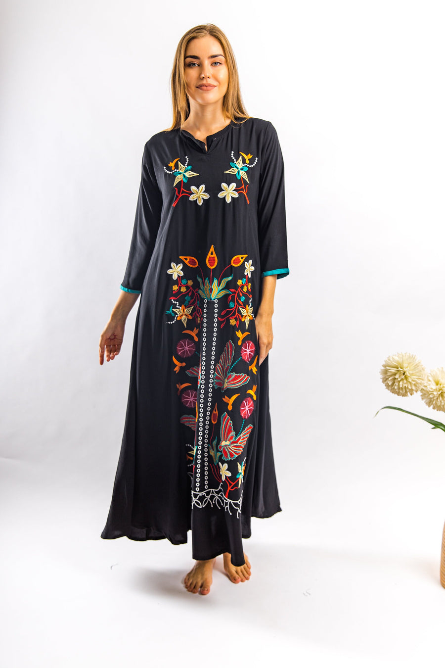 Black vibrant embroidered cotton caftan maxi dress, caftans for women, embroidered Caftan dress, Caftan maxi dress, Caftans for women
