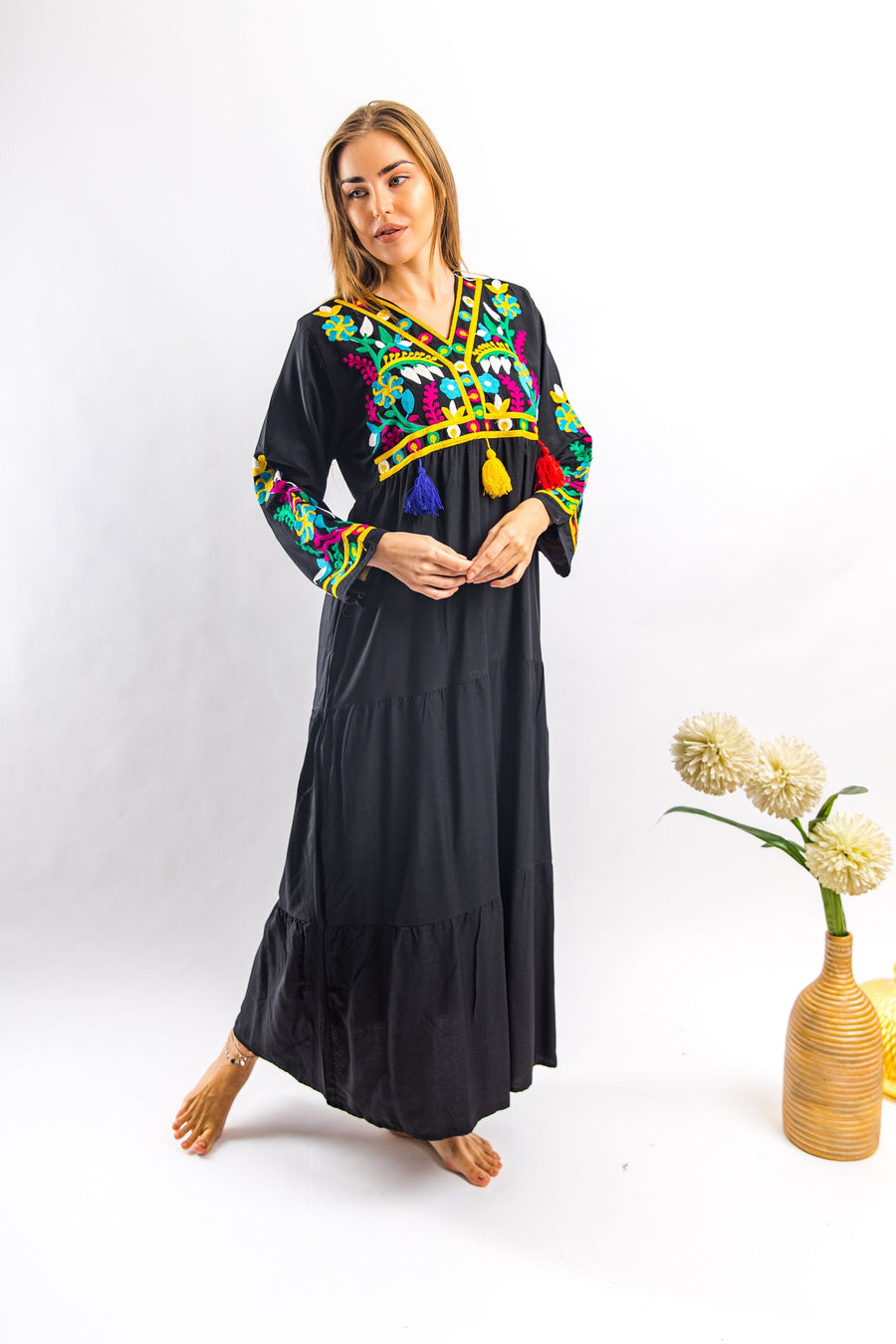 Black embroidered Caftan with tassels, caftans for women, embroidered Caftan dress, Caftan maxi dress, Caftans for women, Caftans