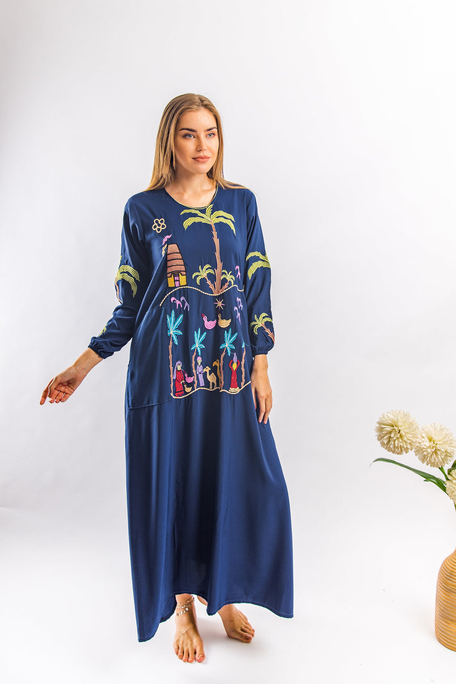 Navy Blue Kaftan dress with pocket, Egyptian embroidery Kaftan dress, Vibrant boho dress, Kaftans for women, caftans for women, kaftans