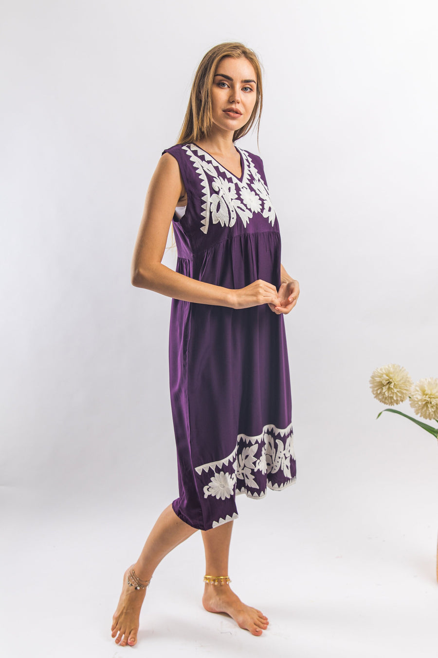 Cute Dark Purple embroidered tunic dress, embroidered tunic Kaftan, summer dress, Egyptian cotton. Summer, party, casual, home dress