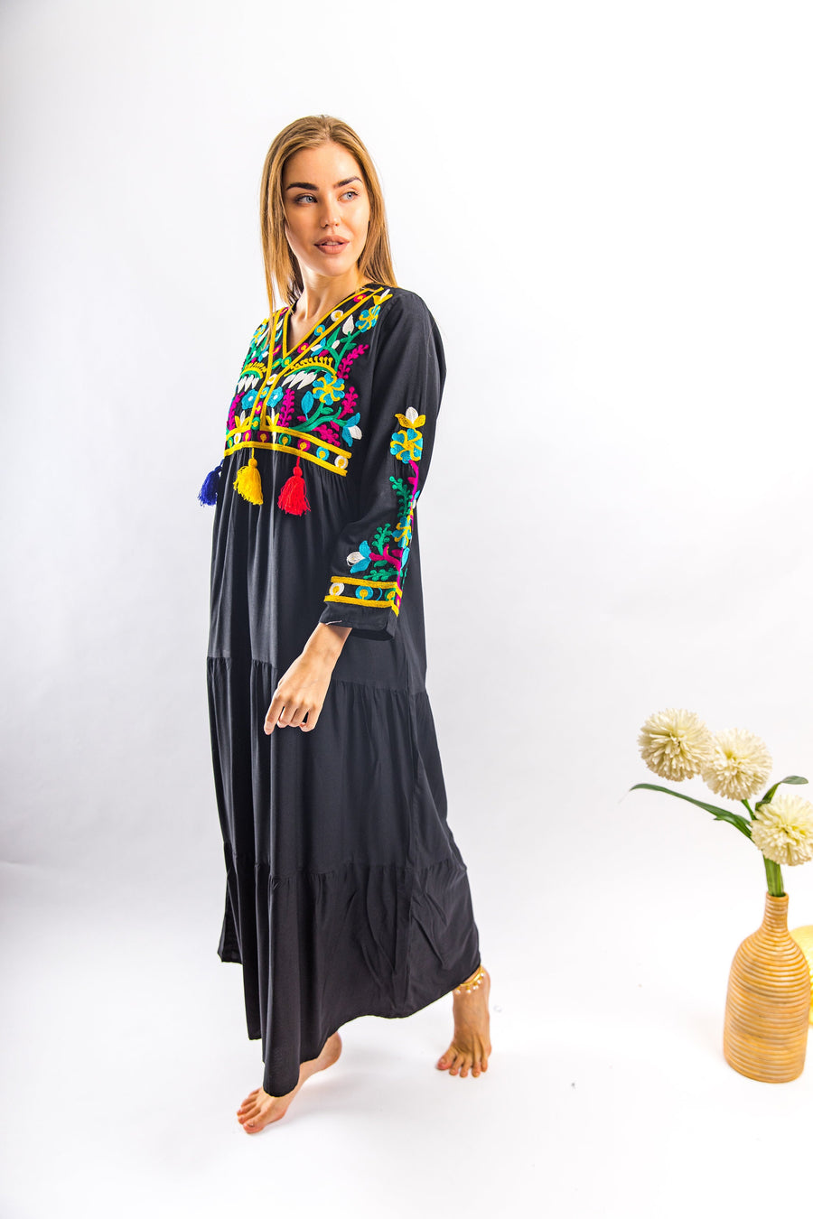 Black embroidered Caftan with tassels, caftans for women, embroidered Caftan dress, Caftan maxi dress, Caftans for women, Caftans