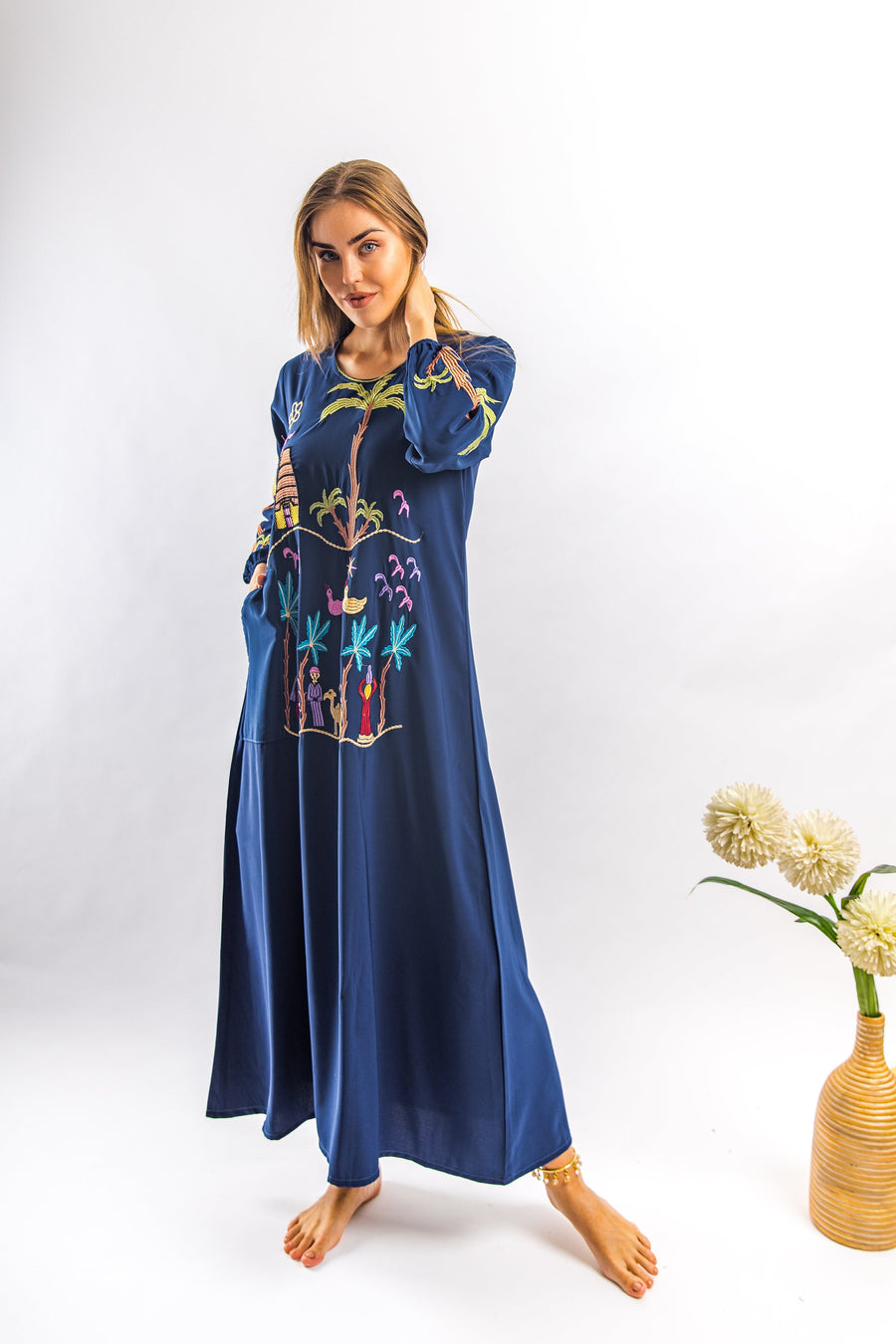 Navy Blue Kaftan dress with pocket, Egyptian embroidery Kaftan dress, Vibrant boho dress, Kaftans for women, caftans for women, kaftans