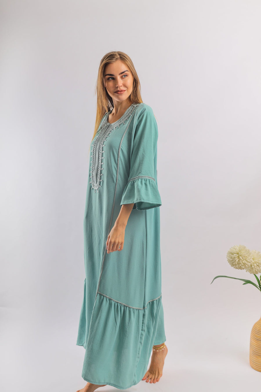 Luxurious light turquoise linen/cotton caftan, chic caftan, Summer Kaftan, Egyptian cotton/linen, Caftans for women, cotton caftan
