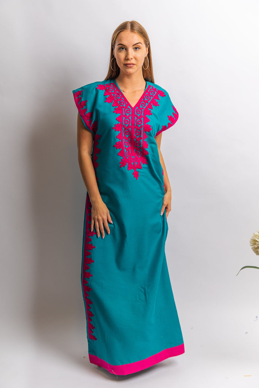 Elegant teal green evening maxi dress, Bohemian Kaftan. Summer night out, Elegant evening gown, classy dinner Kaftan, Egyptian cotton.
